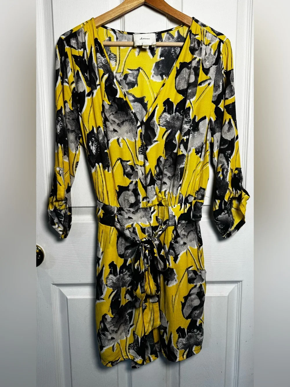 Anthropologie Elevenses Yellow Floral Somerset Romper Belted Medium Pockets